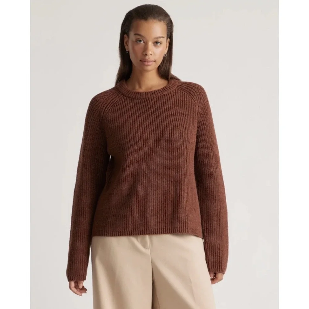 Quince 100% Organic Cotton Fisherman Crew Sweater Cappuccino Brown Large LB48744